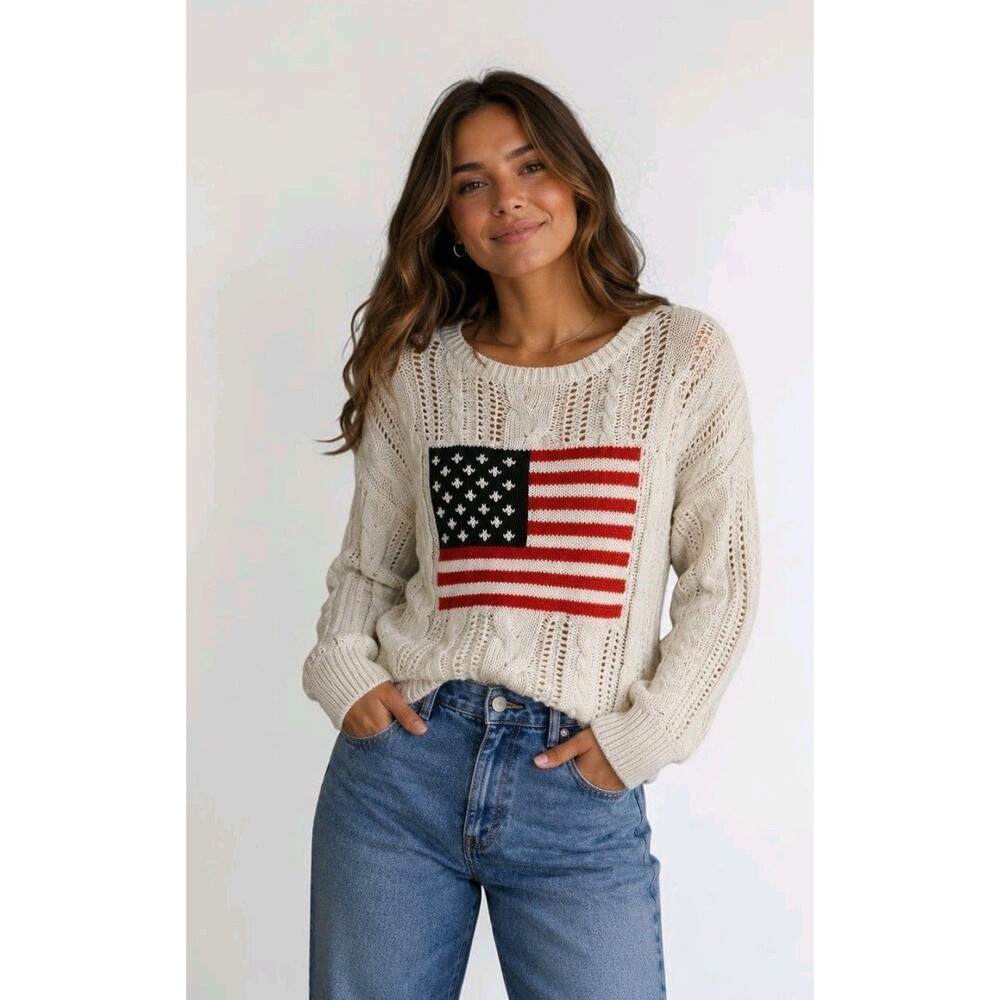 NWT Lucky Brand American Flag Sweater Cable Knit USA America Patriotic Small